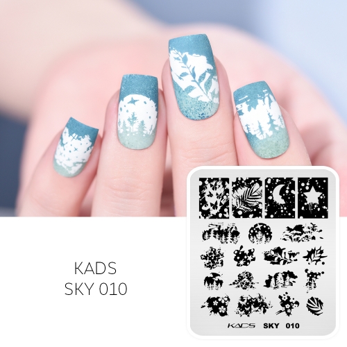 SKY 010 Nail Stamping Plate Silhouette & Ink Images & Trees & Leaves & Stars & Moon