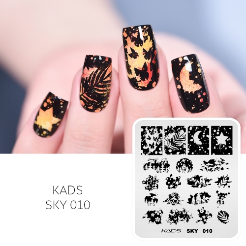 SKY 010 Nail Stamping Plate Silhouette & Ink Images & Trees & Leaves & Stars & Moon