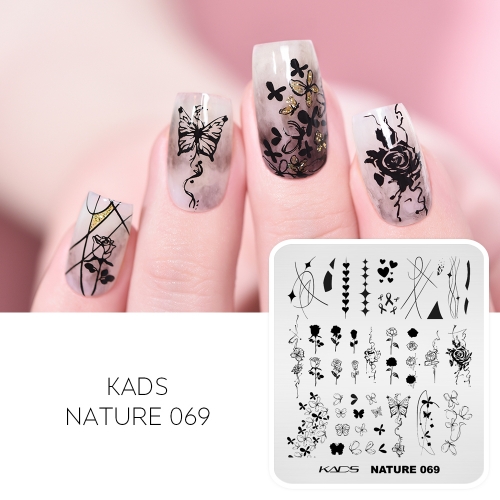 NATURE 069 Nail Stamping Plate Cut Rose & Butterflies & Hearts & Lines