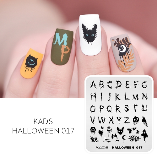 Halloween 017 Nail Stamping Plate Gothic Letters & Pumpkin & Ghost & Bird & Leaf & Cat