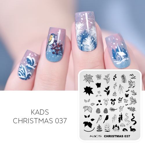 Christmas 037 Nail Stamping Plate Poinsettia &Pine & Birds & Squirrel & Cottage & Candle
