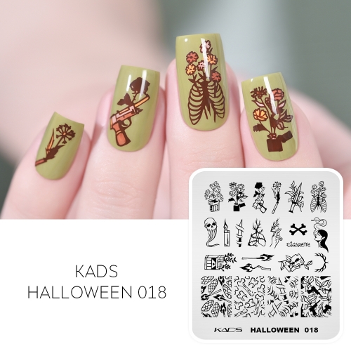 Halloween 018 Nail Stamping Plate Match & Gun & Knife & Lung & Candle & Flower & Leaf