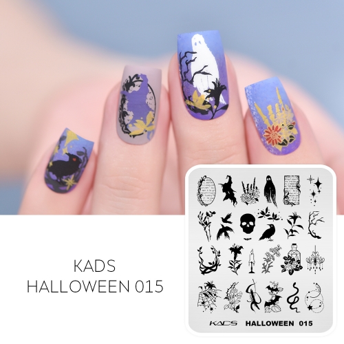 Halloween 015 Nail Stamping Plate Ghost & Flowers & Witch & Skull & Bird & Bat & Snake