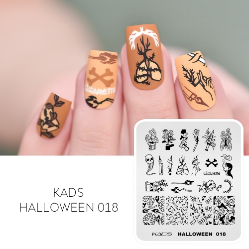 Halloween 018 Nail Stamping Plate Match & Gun & Knife & Lung & Candle & Flower & Leaf