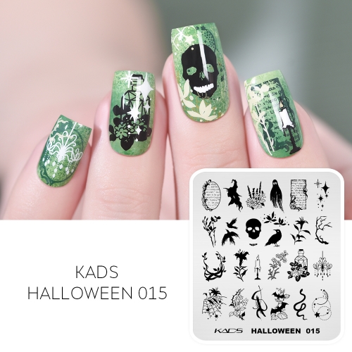 Halloween 015 Nail Stamping Plate Ghost & Flowers & Witch & Skull & Bird & Bat & Snake