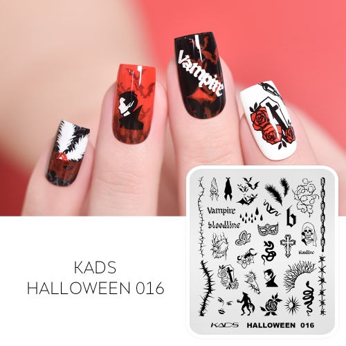 Halloween 016 Nail Stamping Plate Vampire & Blood & Thorn & Bat & Chain & Werewolf