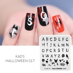 Halloween 017 Nail Stamping Plate Gothic Letters & Pumpkin & Ghost & Bird & Leaf & Cat