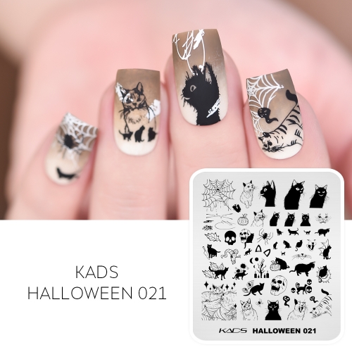 Halloween 021 Nail Stamping Plate Black Cat and Zombie and Spider Web and Pumpkin