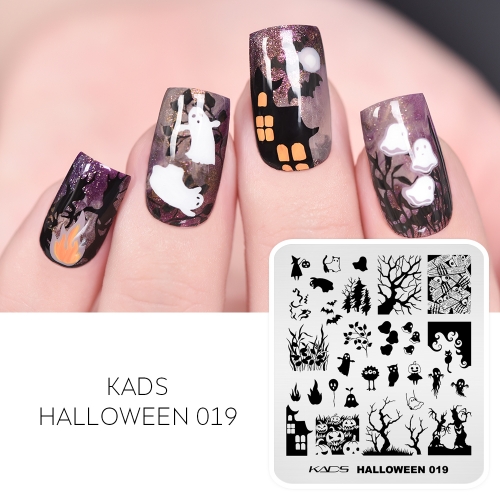 Halloween 019 Nail Stamping Plate Cute Ghost and Haunted House and Pumpkin and Deserted Forest