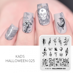 Halloween 025 Nail Stamping Plate Death VS Life and Skull and Flower and Eyeball and Ribs and Spider Web