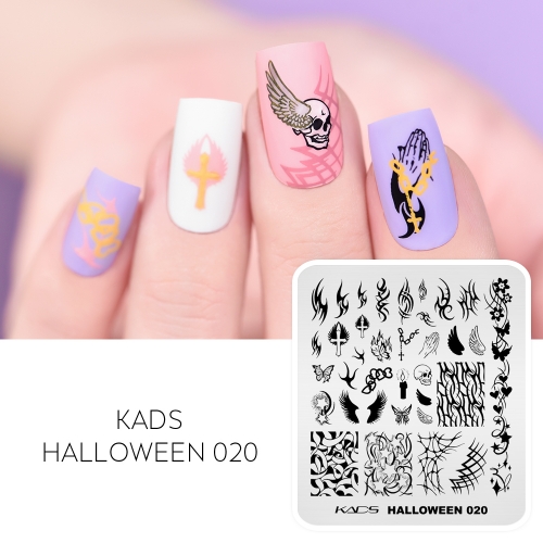 Halloween 020 Nail Stamping Plate Flames and Blade and Prayers and Cross and Skulls and Candle and Wings and Butterfly