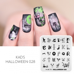 Halloween 028 Nail Stamping Plate 英文字とハロウィン要素の組み合わせと頭蓋骨とコウモリとミイラとクモと骨