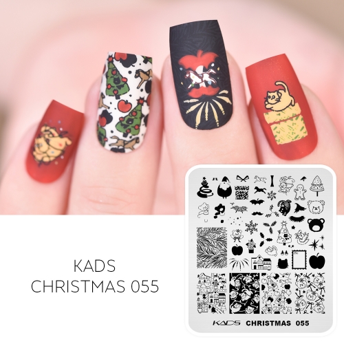 Christmas 055 Nail Stamping Plate 家、リンゴ、雪だるま、松、ライト、猫、ホリデーベア、装飾のあるお祭り通り