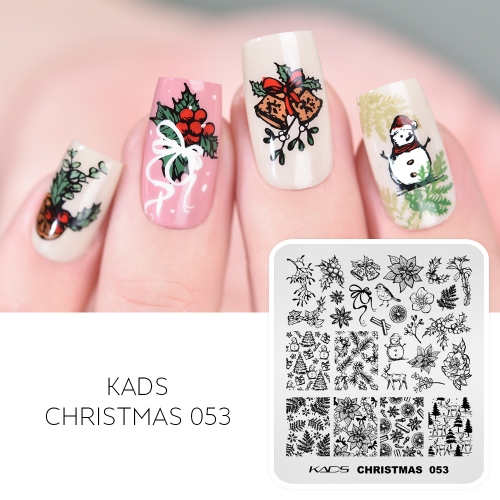 Christmas 053 Nail Stamping Plate ホリデーデコレーション、ヒイラギ、ポインセチア、松の枝、トナカイ、冬のスパイス