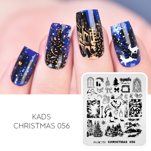 Christmas 056 Nail Stamping Plate クリスマスビレッジ＆トナカイ＆雪の木々＆冬の風景＆礼拝堂＆キャンドル＆ステンドグラスの窓