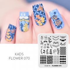 Flower 070 Nail Stamping Plate 花の渦巻き、幾何学模様、バラ、蝶