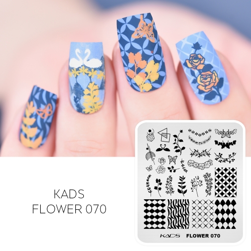 Flower 070 Nail Stamping Plate 花の渦巻き、幾何学模様、バラ、蝶