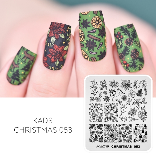 Christmas 053 Nail Stamping Plate ホリデーデコレーション、ヒイラギ、ポインセチア、松の枝、トナカイ、冬のスパイス