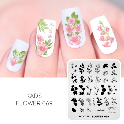 Flower 069 Nail Stamping Plate 重ねたスタンプの花、葉、イチョウ、カエデ、スズラン、マグノリア