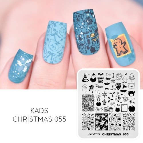 Christmas 055 Nail Stamping Plate 家、リンゴ、雪だるま、松、ライト、猫、ホリデーベア、装飾のあるお祭り通り
