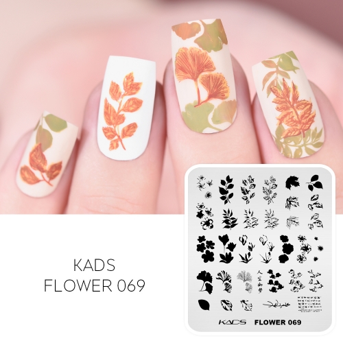 Flower 069 Nail Stamping Plate 重ねたスタンプの花、葉、イチョウ、カエデ、スズラン、マグノリア
