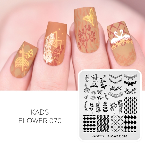 Flower 070 Nail Stamping Plate 花の渦巻き、幾何学模様、バラ、蝶