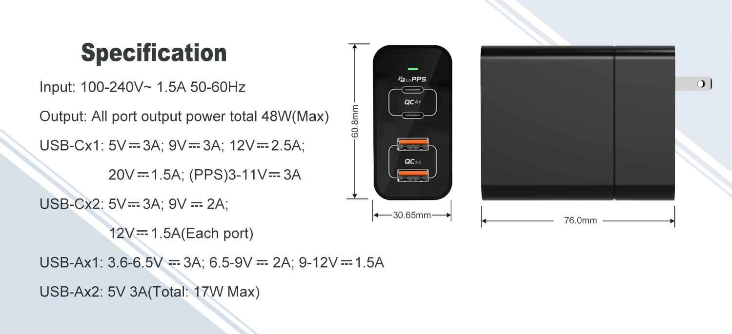Specification Huwder 48W dual usb c and usb a