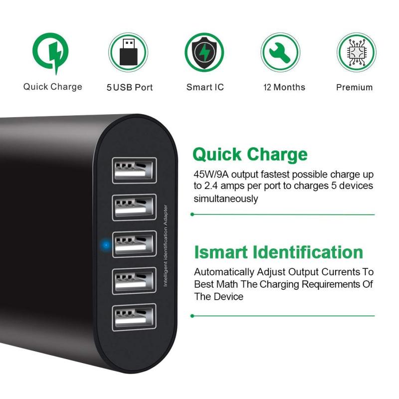 45W Car Charger USB, 9A 5 Ports USB A