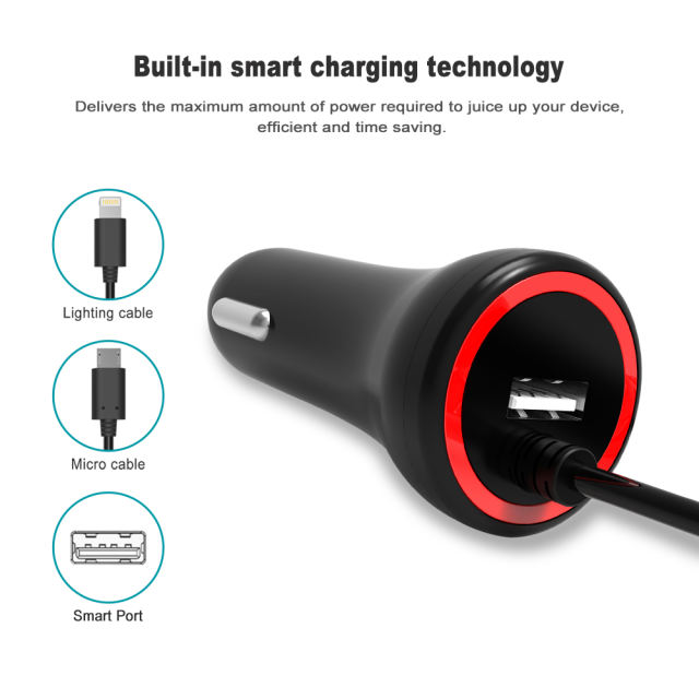 24W iPhone Car Charger 1 USB-A Port and Extension Lightning Cable