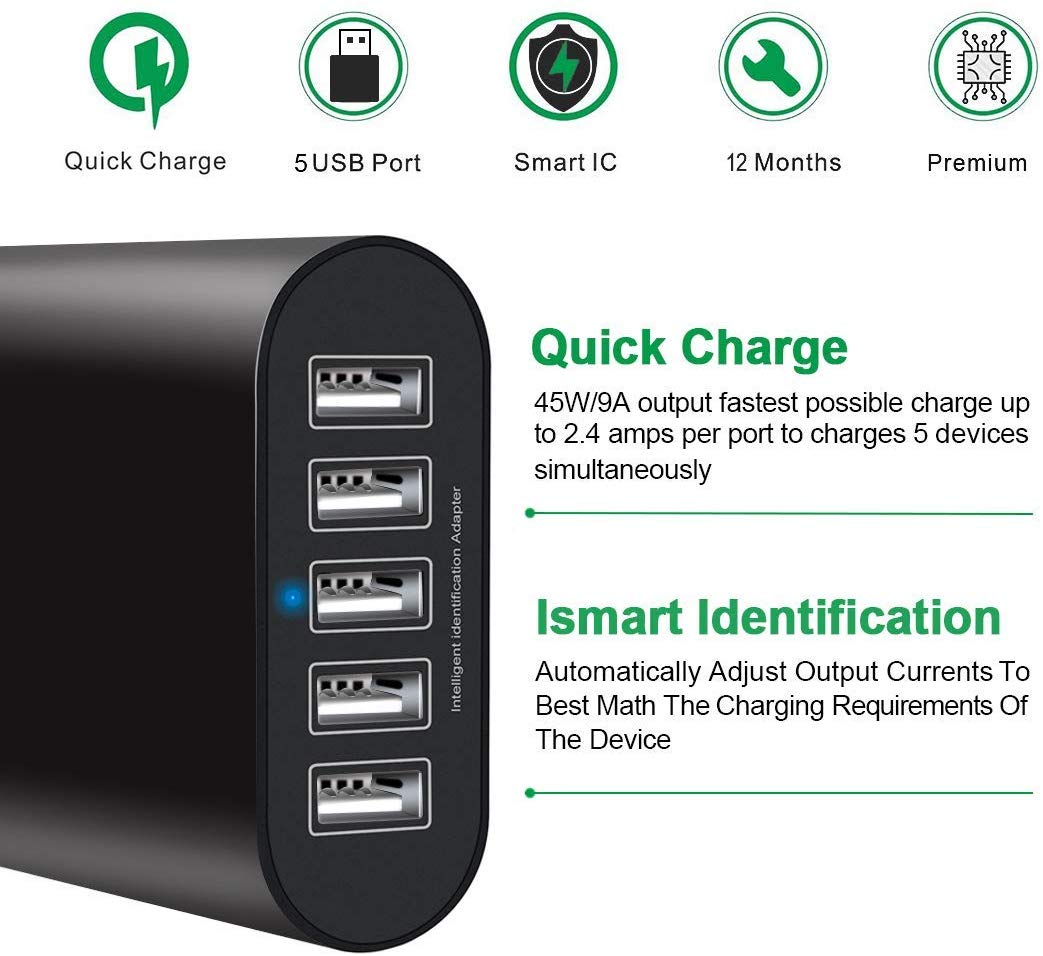 45W USB Car Charger with 5 USB A ports