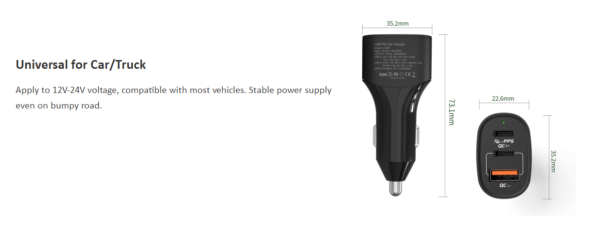 60W USB C Car Charger is dc 12V-24V voltage