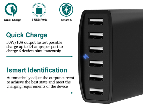 50W 6 ports usb car charger with 6 USB A ports