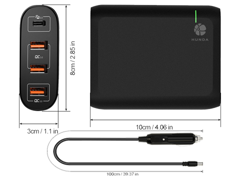 Dimension of 119W 4 port quick charge 3.0 and PD fast usb car charger station psd