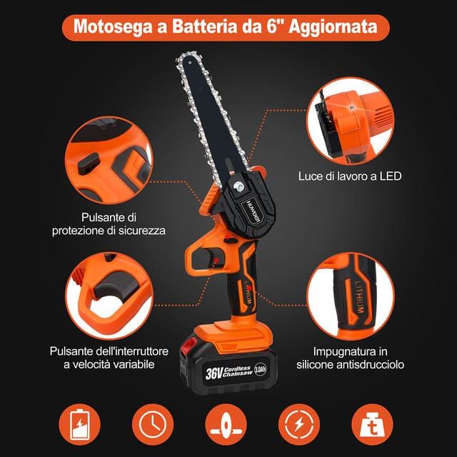 Mini Portable Cordless Chainsaw, 6 Inch Electric Chainsaw 36V With 2 Battery, Safety Button, LED Light