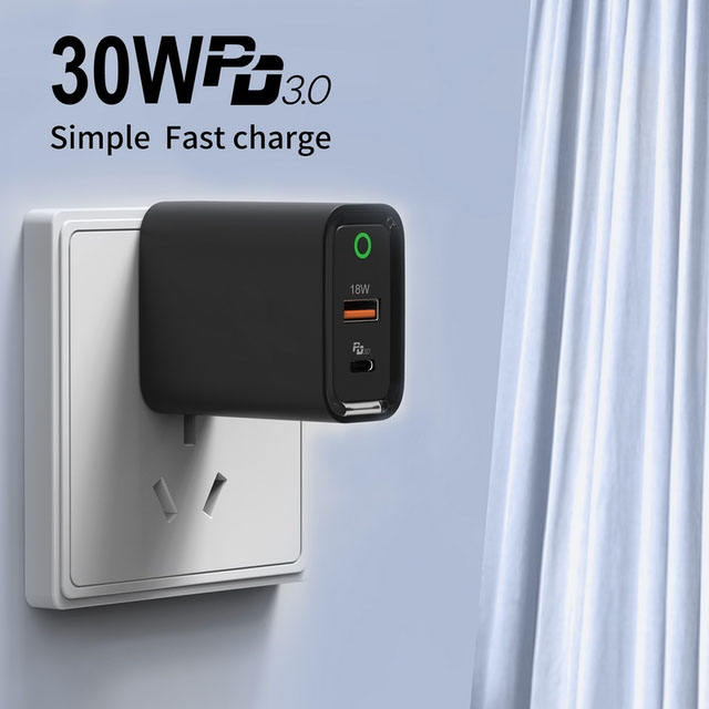 Dual Ports 30W PD3.0 PPS Type C Wall Charger with LED Light -Huwder