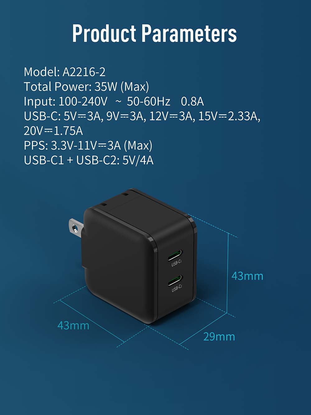 A2216-2(35W) dual usb c GaN charger Huwder specification