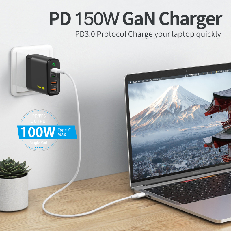 HUWDER 150W PD QC 4.0 3.0 GaN 4 Ports 2 USB-C 2 USB-A Quick Charger EU Plug