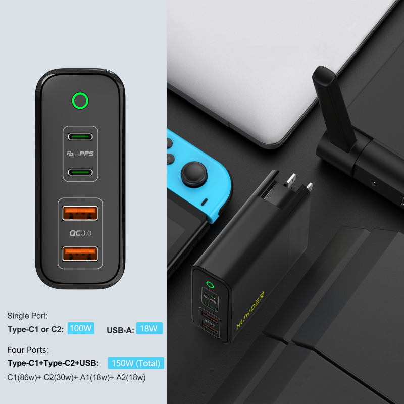 HUWDER 150W PD QC 4.0 3.0 GaN 4 Ports 2 USB-C 2 USB-A Quick Charger EU Plug