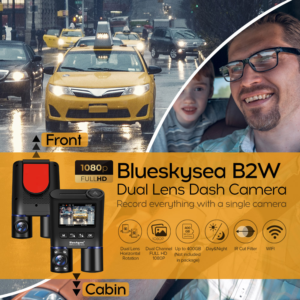  Dash Cam Front and Inside,Blueskysea B2W 1080P WiFi Dashcam  with 2'' LCD Screen,2 Rotatable HD Lens,IR Night Vision,32GB SD Card,  WDR,Voice Recording,G-Sensor,Parking Mode Optional : Electronics