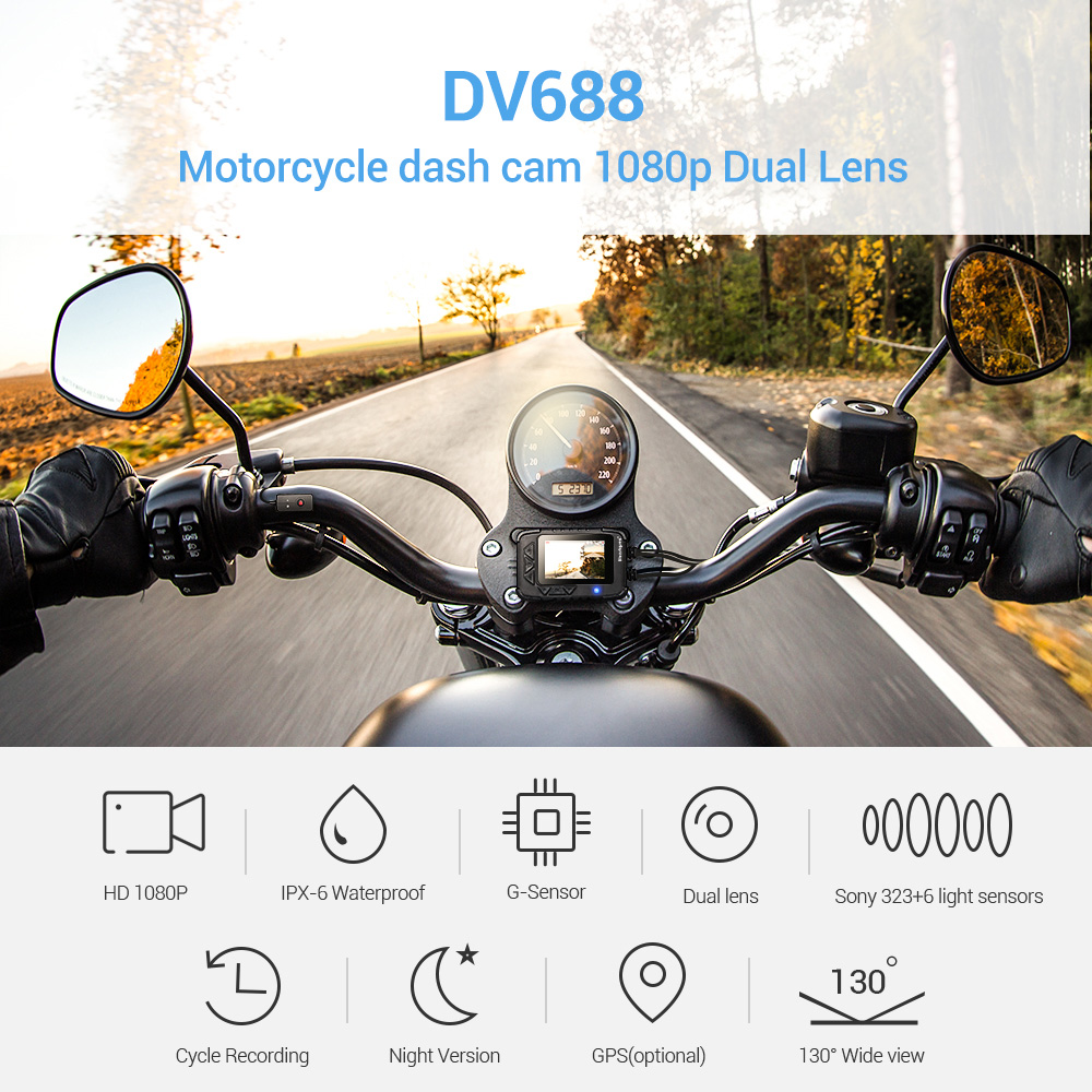 Blueskysea DV688 HD 1080p 2.35 in. LCD Dual Motorcycle Dash Cam with GPS