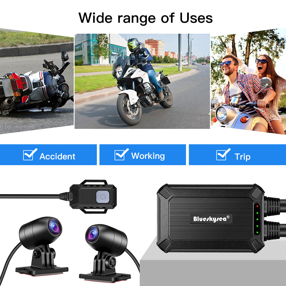 Motorcycle Dash Cam Camera, Blueskysea B5M 2K 30fps Dual Wide Angle 150°  Lens Sportbike Recording DVR with 3'' IPS Screen Rugged 32GB Card Loop
