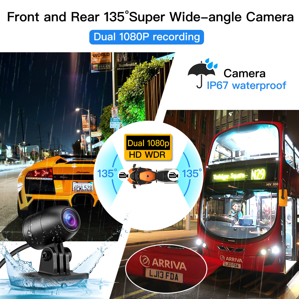 Blueskysea B3M Motorcycle Dash Cam Camera,1080p 30fps Dual Wide Angle 150°  Lens Sportbike Recording DVR with 3'' Full Fit Screen Waterproof 32GB Card