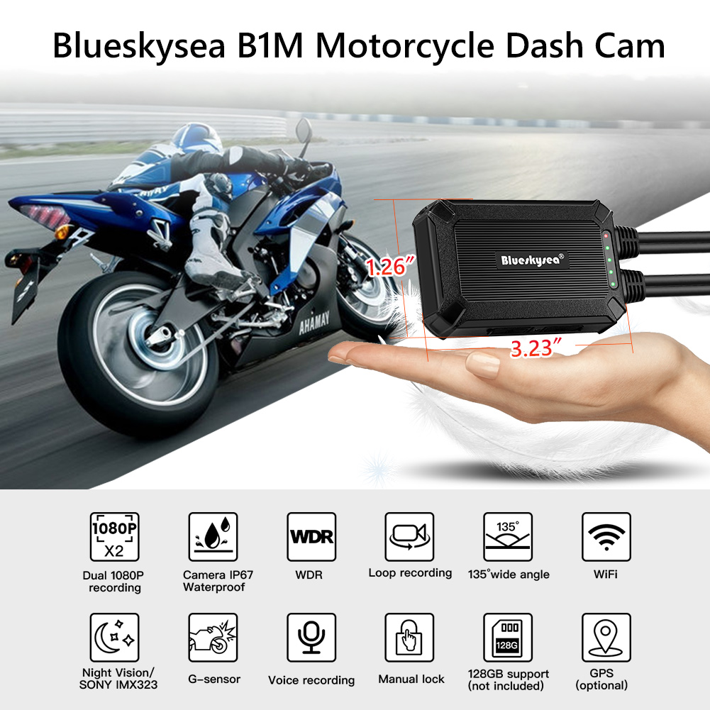 Blueskysea B5M WiFi Motorcycle Dash Cam Recorder Dual UHD 2K DVR