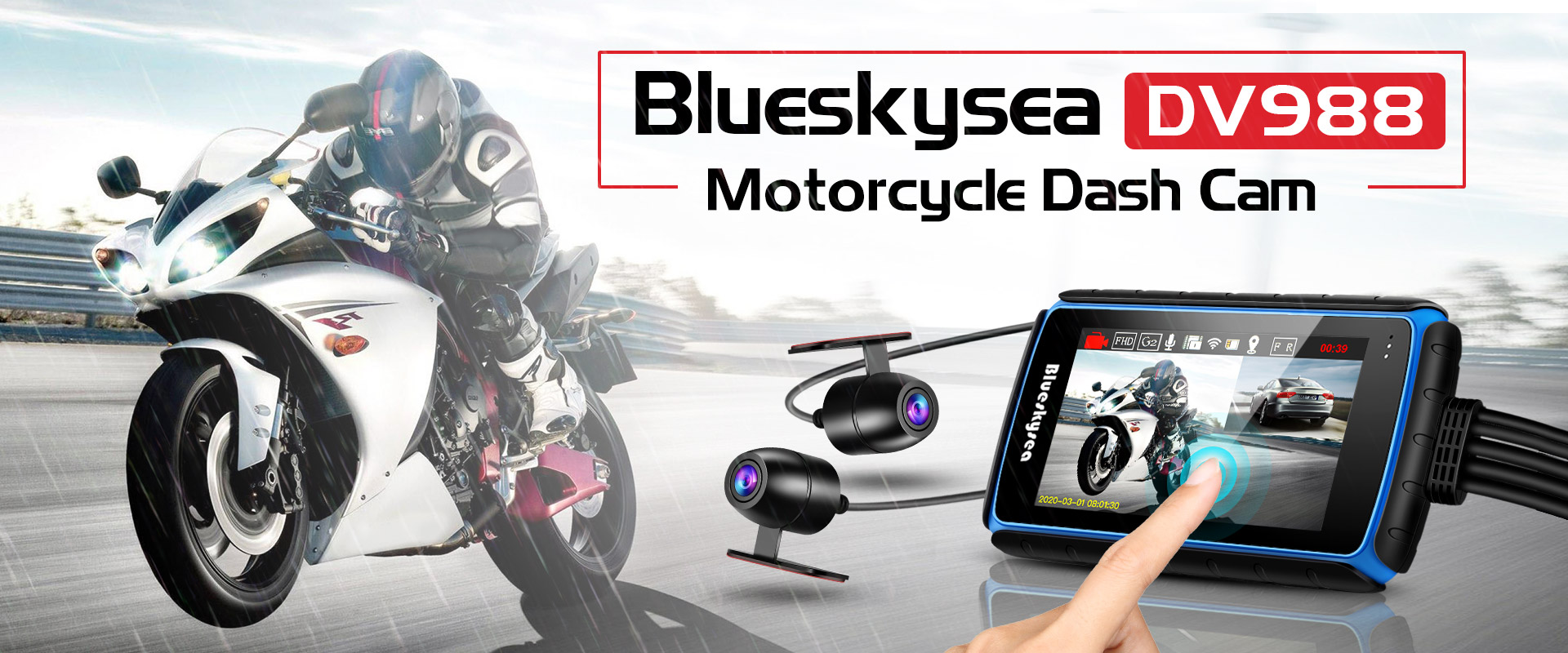 BlueSkySea Motorcycle Dash Cam A12 GPS Waterproof WIFI Front+Rear 1080P  G-Sensor 6933834697822