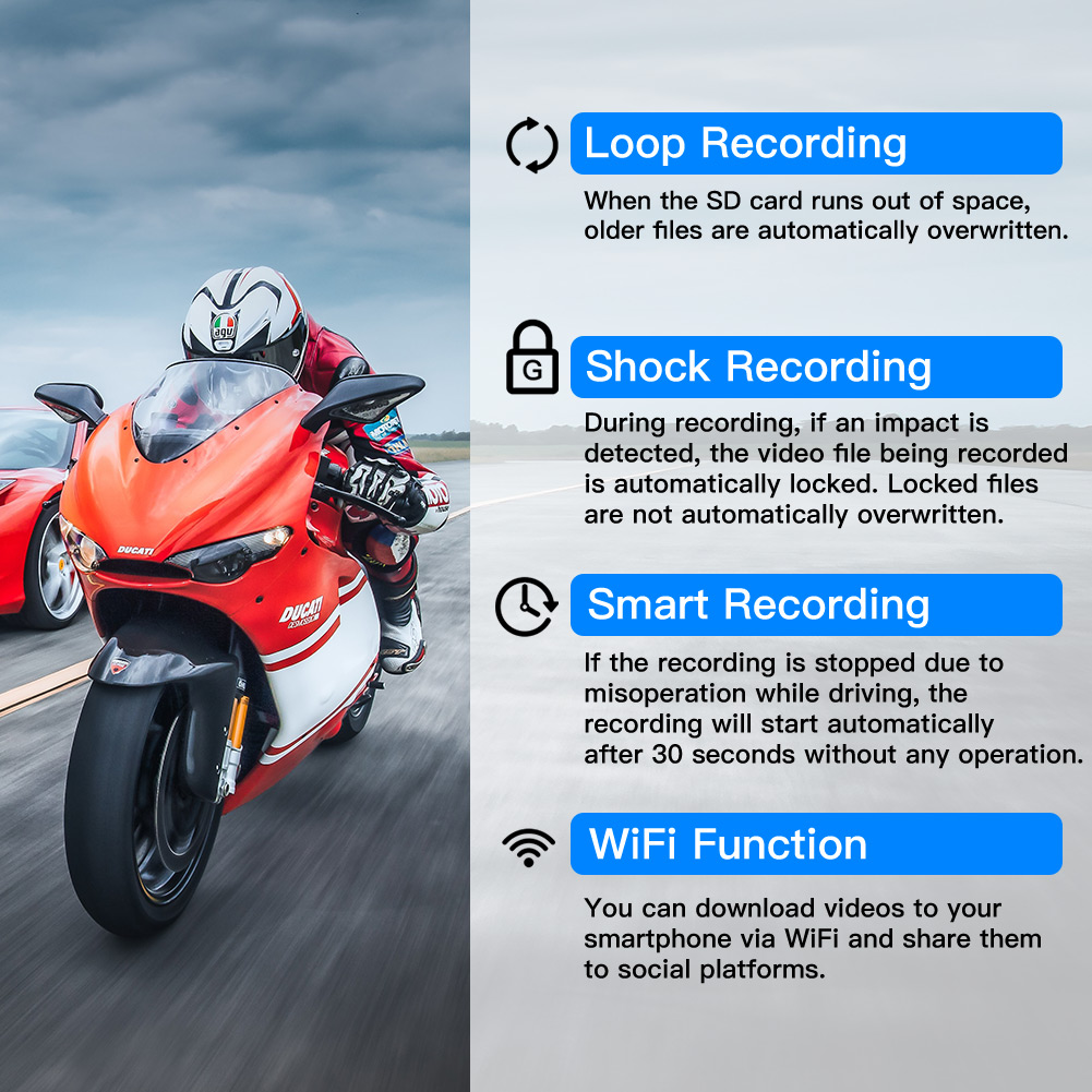 Motorcycle Dash Cam Camera, Blueskysea DV988 1080p 30fps Dual Wide Angle  140 Degree Lens Sportbike Recording DVR with 4'' Touch Screen Rugged 32GB