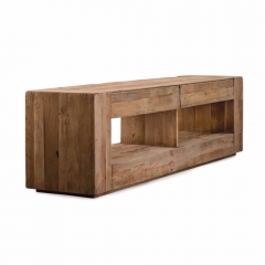 Recycled wood workbench style TV cabinet 2 drawers