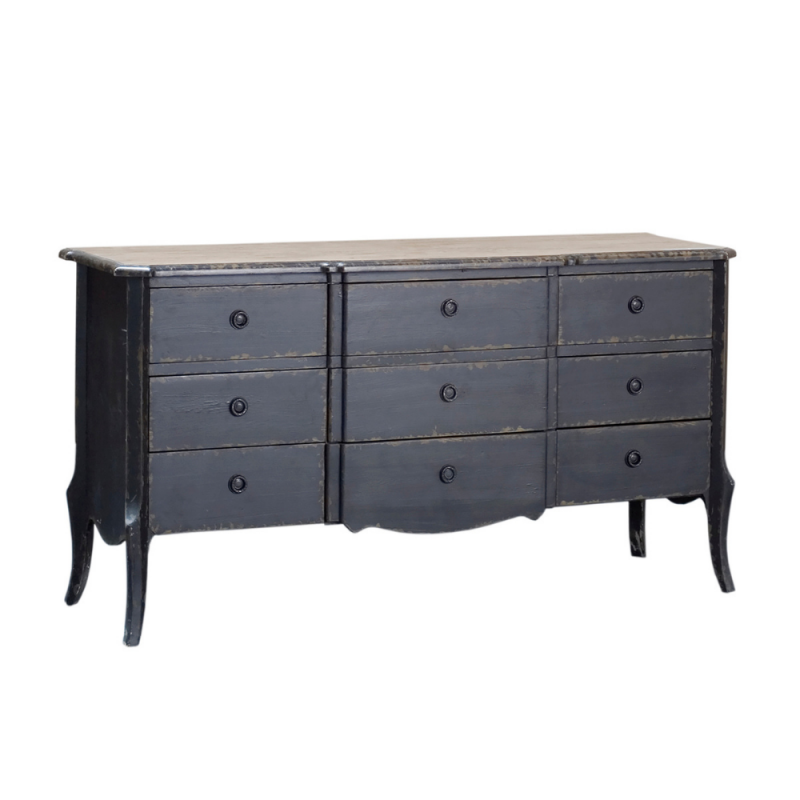 Black French chest of drawers with oak top and drawers