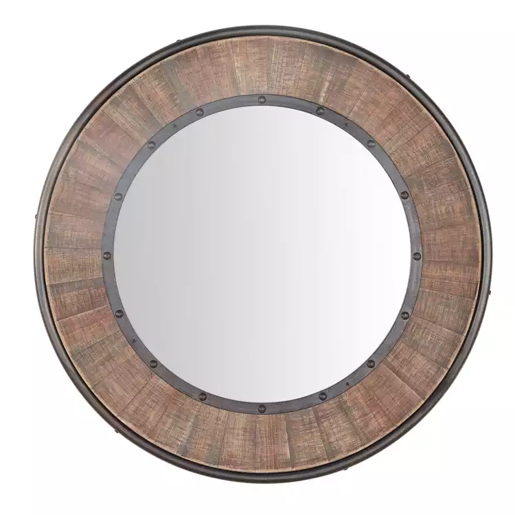 Rustic Round Multi Tone Wood Mirror With Metal Trim