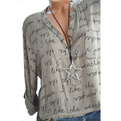 Women Casual Shirt V-Neck Letters Print Long Sleeve Fashionable Pullover Top Light gray