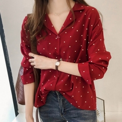 Women Polka Dot Printed Chiffon Blouse Long Sleeves Tops red